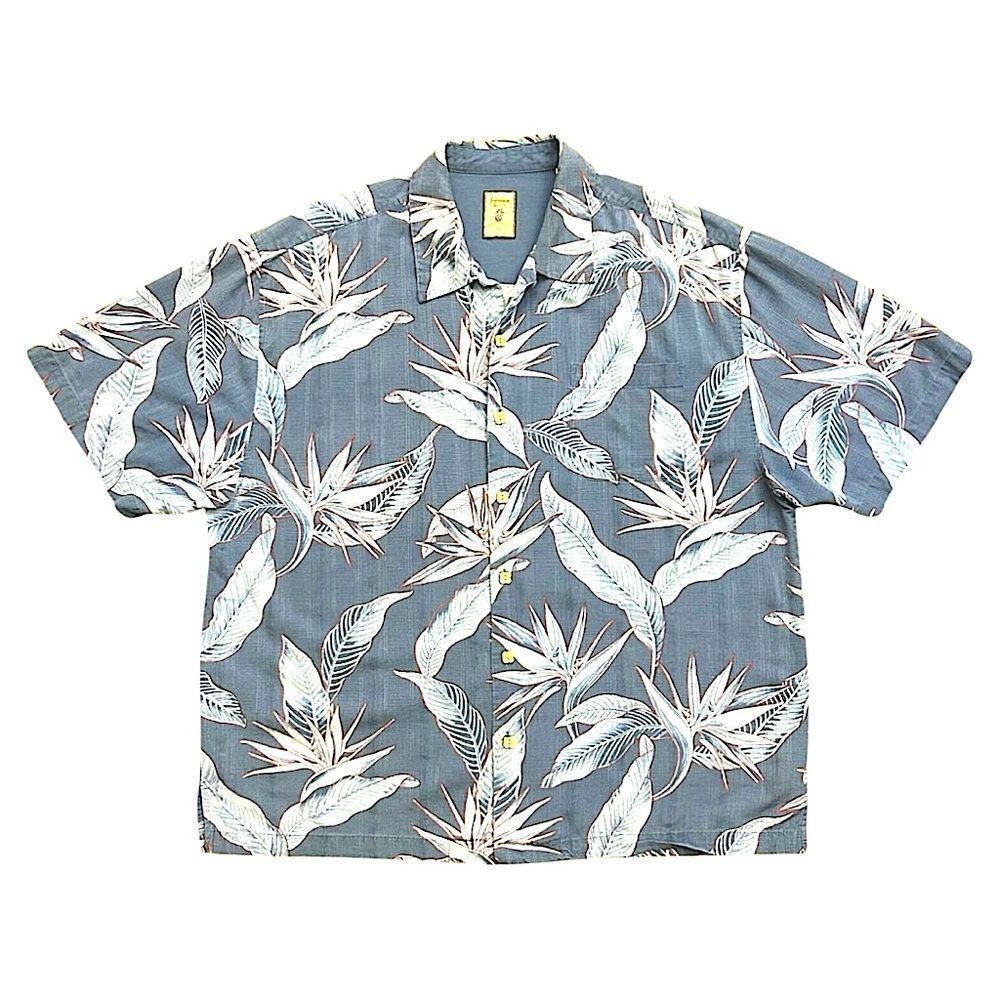 JAMAICA JAXX Men's Woven Silk Hawaiian Camp Shirt Wood Buttons Blue Gray Sx XXL - Picture 3 of 11